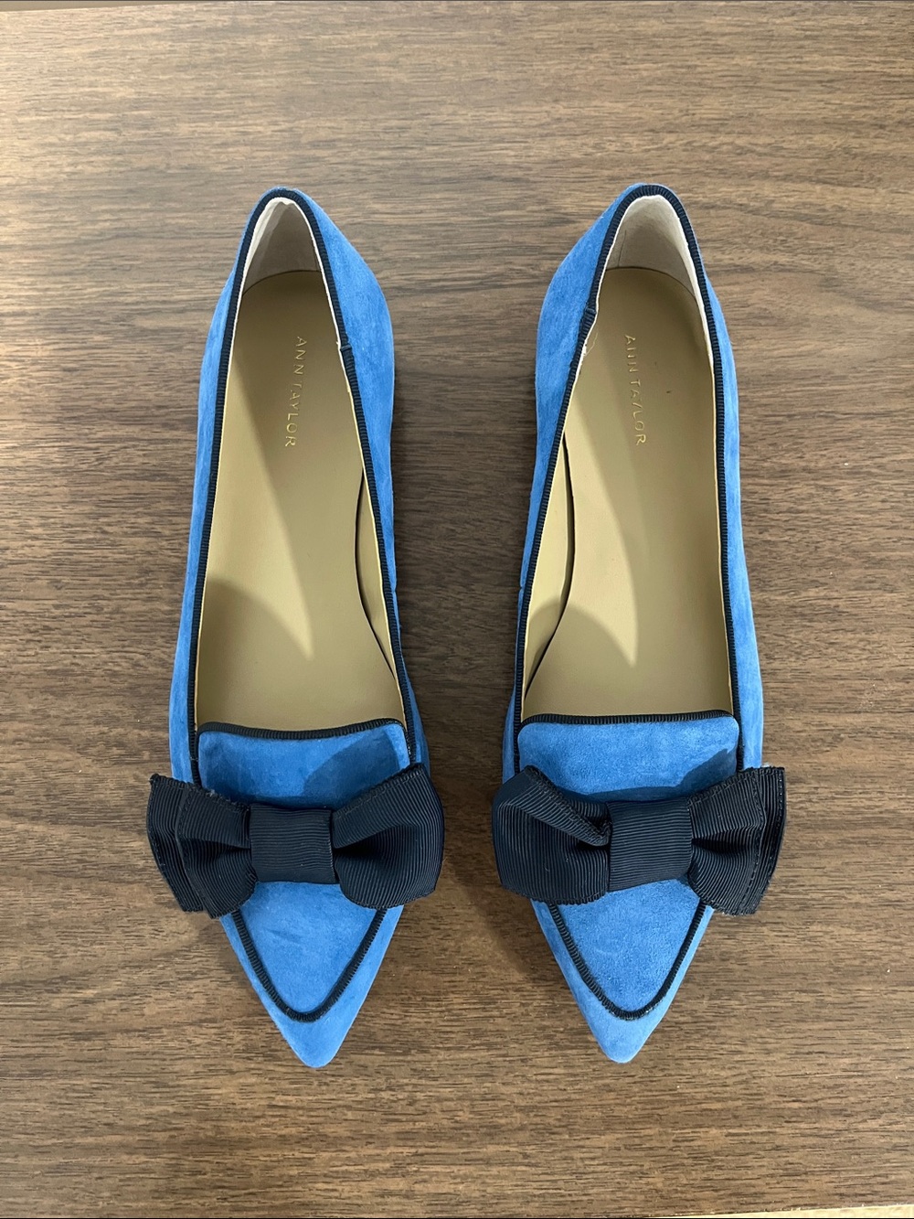 Ann Taylor Blue Suede Pointed-Toe Bow Flats